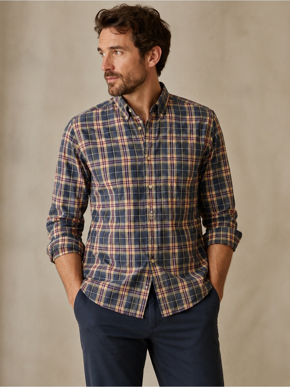 J. Crew Navy, Yellow & Purple Plaid Button-Down Shirt Size L Classic Fit